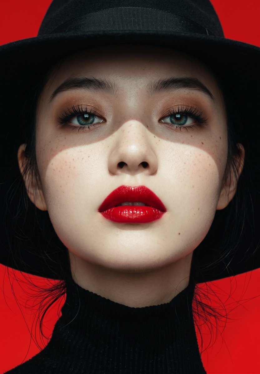 戏剧性的前卫时尚人像摄影，苍白女性，采用高对比度的明暗对照法打光，头戴宽檐黑色软呢帽，身着修身黑色高领衫。一道锐利的弧形水平阴影横跨她的双眼与鼻梁，将面部上半…