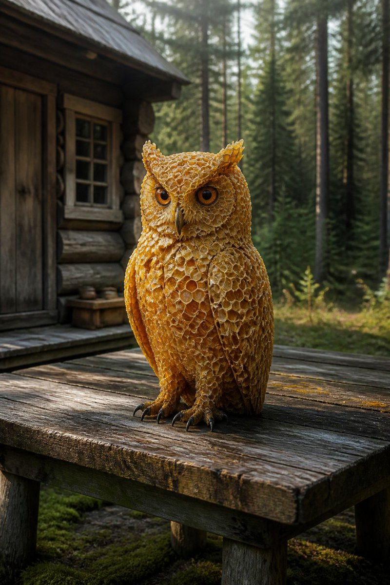 一张照片级写实风格的静物画。一只猫头鹰栖息在户外自然环境中一张风化的木桌上,旁边是一座小型木屋,它的身体由精雕细琢的六边形蜂巢结构组成——金色、半透明,几个蜂…