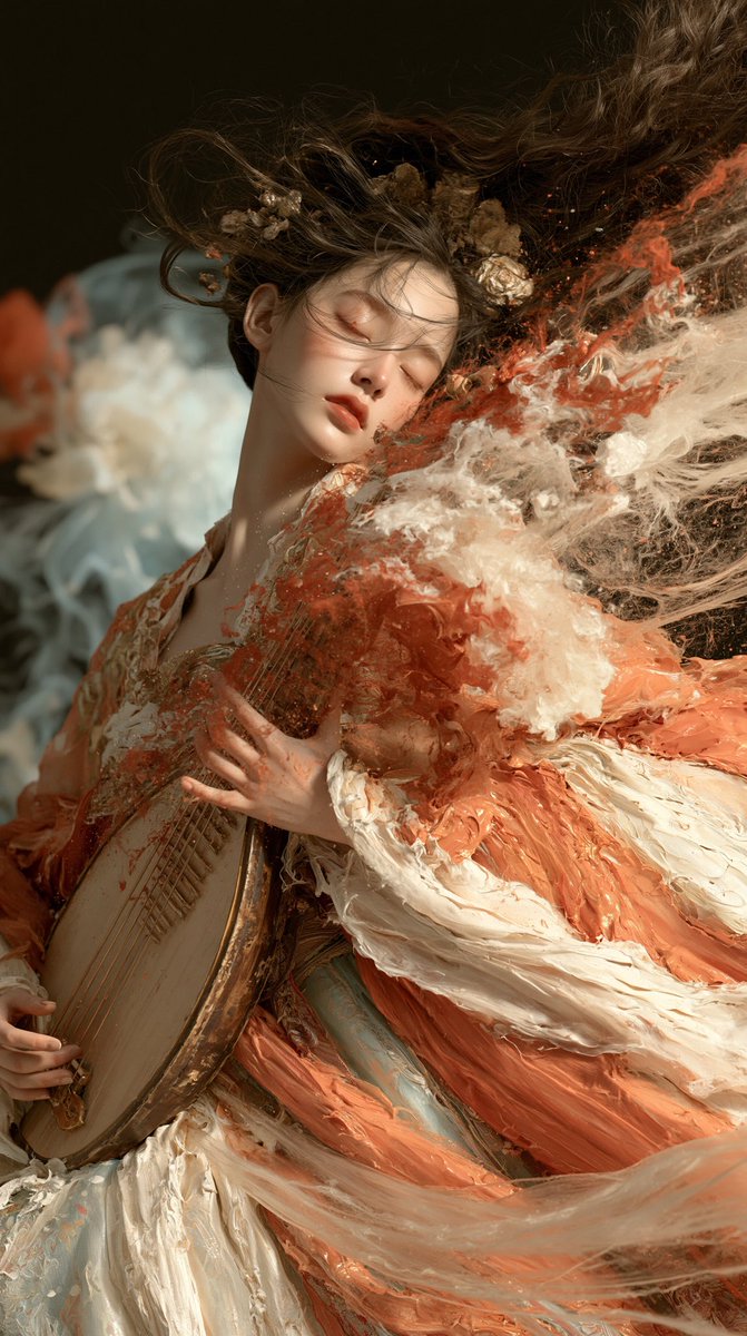中式怪诞/异域东方美学。神圣的年轻女神怀抱琵琶——空灵、神秘、宏伟。厚重的厚涂绘画、可见的笔触、刮刀技法、丰富层叠的色彩、可触知的物质感。极致繁复华丽的服饰,压倒性的神圣威压。美…