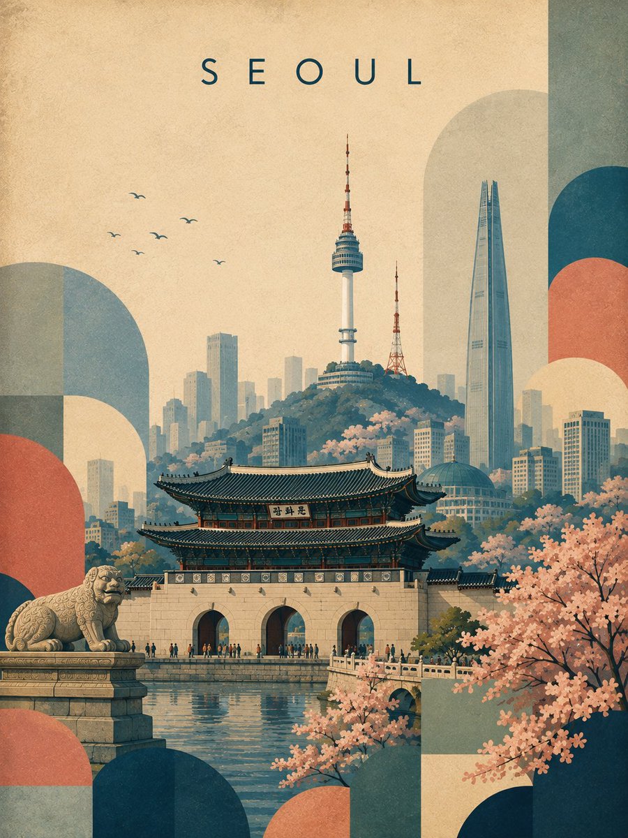 创作一张精致的复古风格旅行海报，以 [ICONIC STRUCTURE]（标志性建筑）作为主要焦点。保持建筑高度可识别，具备准确的比例和独特的细节，但要将其重新诠释为一幅风格化的…