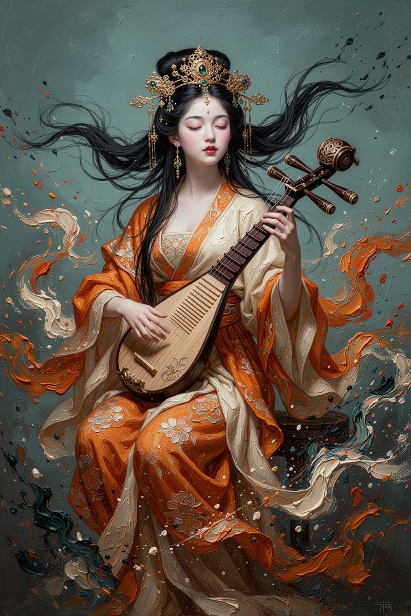 东方怪诞美学的神圣年轻女神弹奏琵琶，空灵而庄严，双目微闭沉入遐想，黑发随风飘扬，华丽的金色发饰，橙白相间的丝绸长袍消融为旋转飞溅的颜料，厚重的厚涂绘画质感，可…