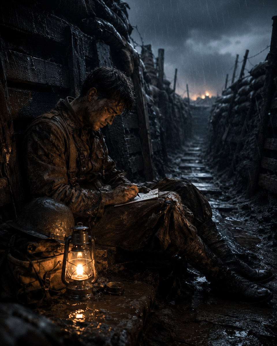 { "title": "士兵的信", "image_description": "一名受伤的士兵独自坐在泥泞的战壕中，在一个寒冷阴雨的夜晚，静静地写着可能是他…