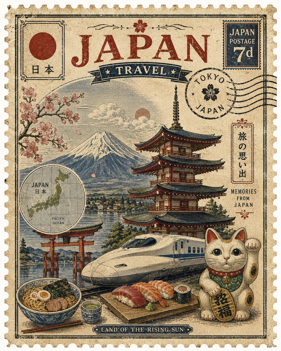创作一幅精致的复古旅行邮票艺术作品，代表[COUNTRY]。以该国最具标志性的地标作为主要视觉焦点，周围环绕3–5个精心挑选、能立即代表该国的元素——自然风光…