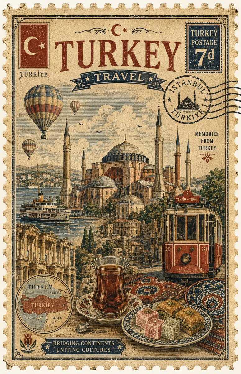 创作一幅精致的复古旅行邮票艺术作品，代表[COUNTRY]。以该国最具标志性的地标作为主要视觉焦点，周围环绕3–5个精心挑选、能立即代表该国的元素——自然风光、传统建筑、当地美食…