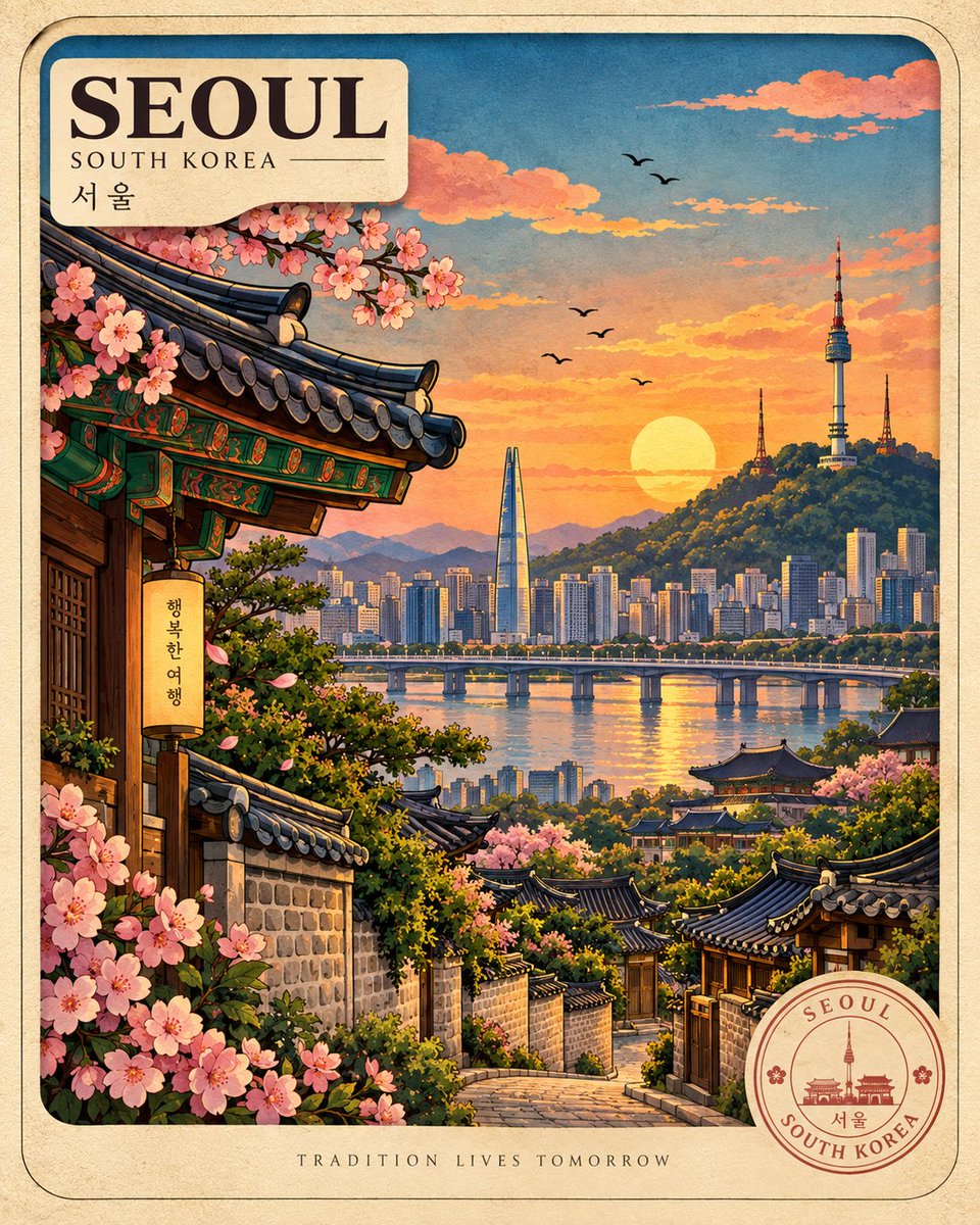 创作一幅高端竖版 4:5 旅行海报插画，主题为 [LOCATION]，遵循统一的手工制作视觉风格：粗犷而清晰的黑色描边、饱和且协调的色彩、温暖的黄金时刻光线、质感丰富的纸张/卡纸…