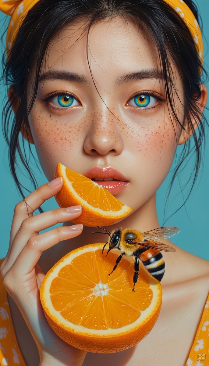 甜蜜得几乎不危险 由 Seedance 2.0 制作 提示词 一幅特写风格化的数字插画，描绘一位年轻的女孩，她拥有一双过大的、明亮的水蓝色眼睛，带有琥珀金色的…