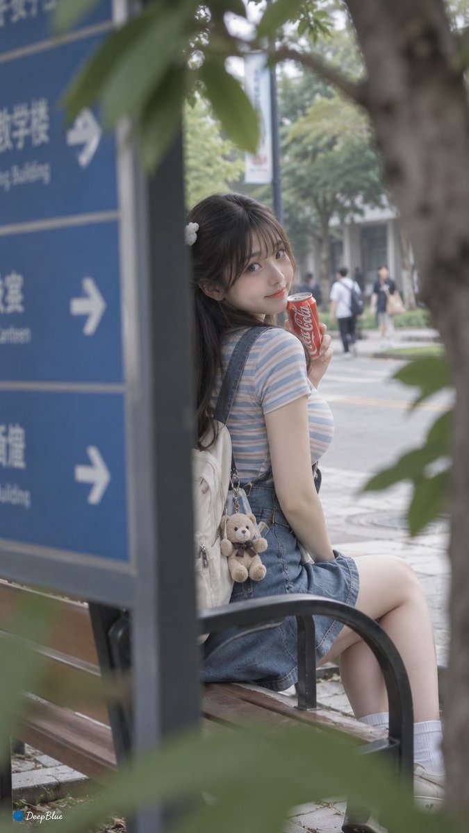 日常快照风格，非精心构图或打光，校道长椅旁，条纹T恤配背带裙，小熊挂饰在背包上，易拉罐可口可乐在手；从道路指示牌后侧拍，牌边与树叶形成双层前景框景，轻微焦外…
