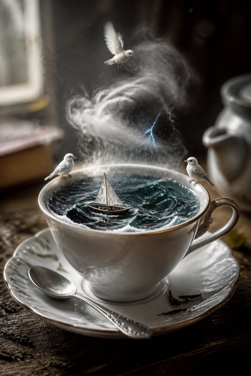 "一幅写实风格的桌面静物，颜值超高，魔幻现实主义。一只白色瓷杯装着深色茶水，变成了一片微型海洋：深色的液体翻涌成小小的风暴浪涛，一艘微型的纸帆船带着破烂的白帆…