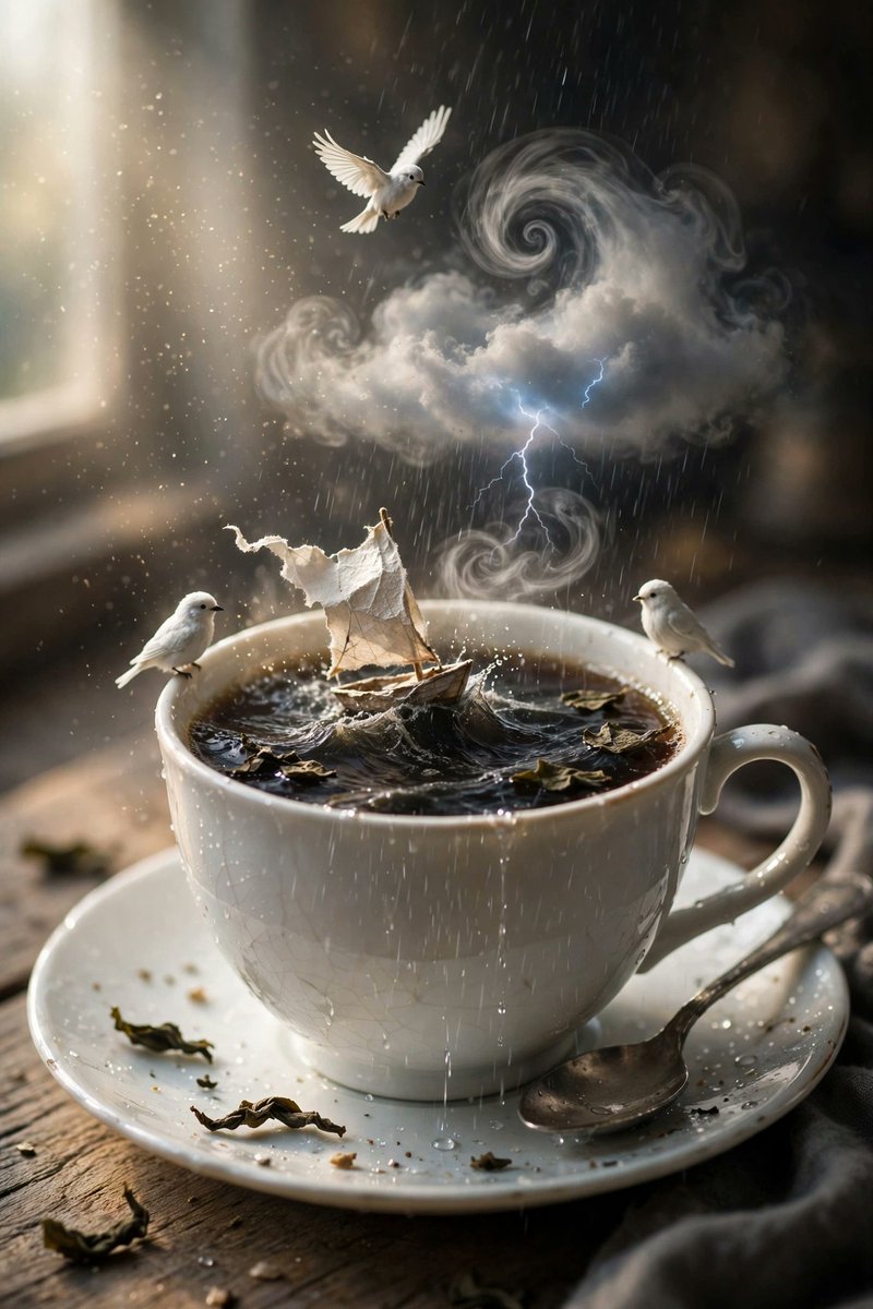 "一幅写实风格的桌面静物,颜值超高,魔幻现实主义。一只白色瓷杯装着深色茶水,变成了一片微型海洋:深色的液体翻涌成小小的风暴浪涛,一艘微型的纸帆船带着破烂的白帆与涌浪搏斗,一缕云朵…