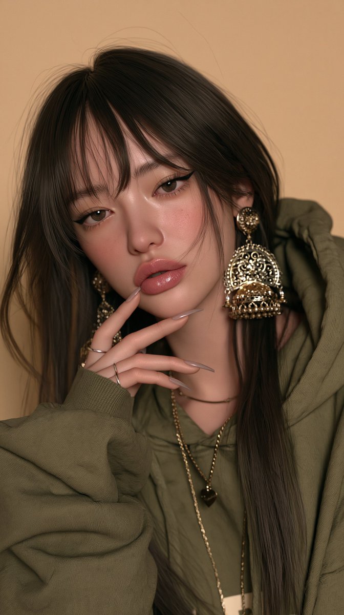 一张20岁出头东亚女性的超写实特写肖像：长直深棕色头发，带柔和层次和轻盈刘海垂于额前；白皙肤色，妆容自然，眉形清晰拱起，眼线为细长的微翘猫眼妆，柔和的玫瑰色腮红，饱满水润的粉唇微…