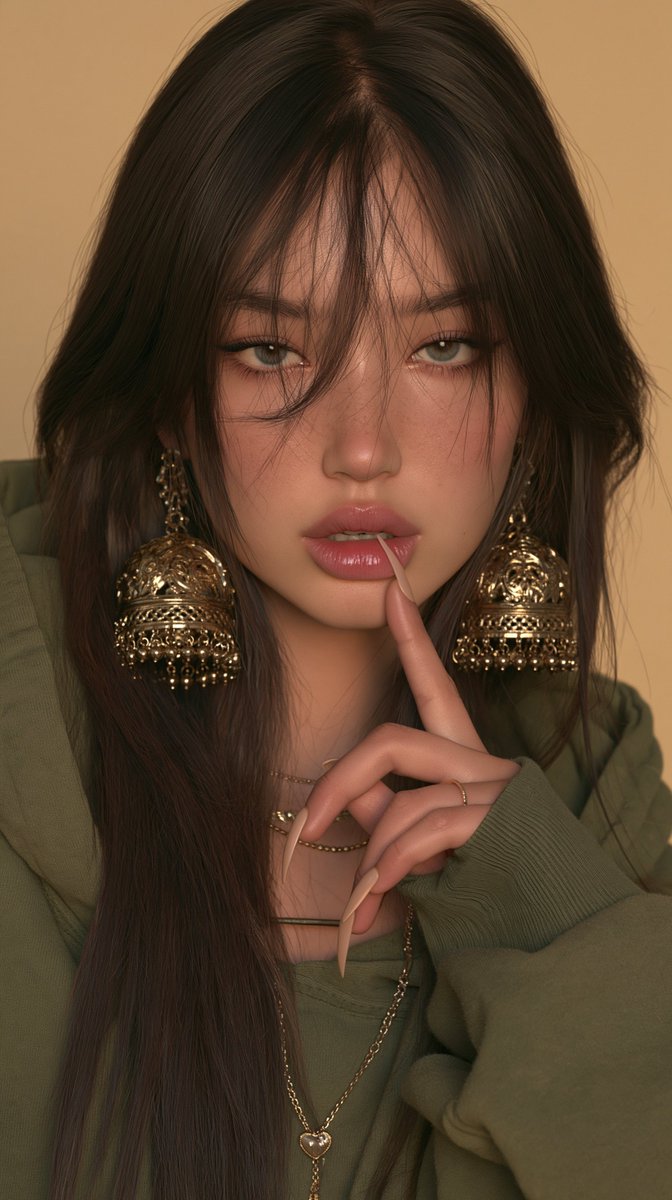 一张20岁出头东亚女性的超写实特写肖像：长直深棕色头发，带柔和层次和轻盈刘海垂于额前；白皙肤色，妆容自然，眉形清晰拱起，眼线为细长的微翘猫眼妆，柔和的玫瑰色腮红，饱满水润的粉唇微…