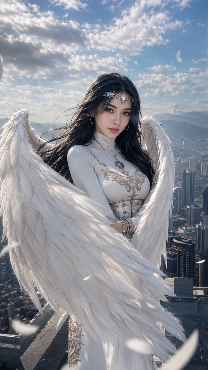 一幅写实的数字肖像画，描绘一位美丽的东亚女性扮演现代天使的形象，她站在高楼屋顶上，俯瞰着明亮白昼天空下密集蔓延的城市。她拥有飘逸的深色长发，头戴精致的银色头冠…