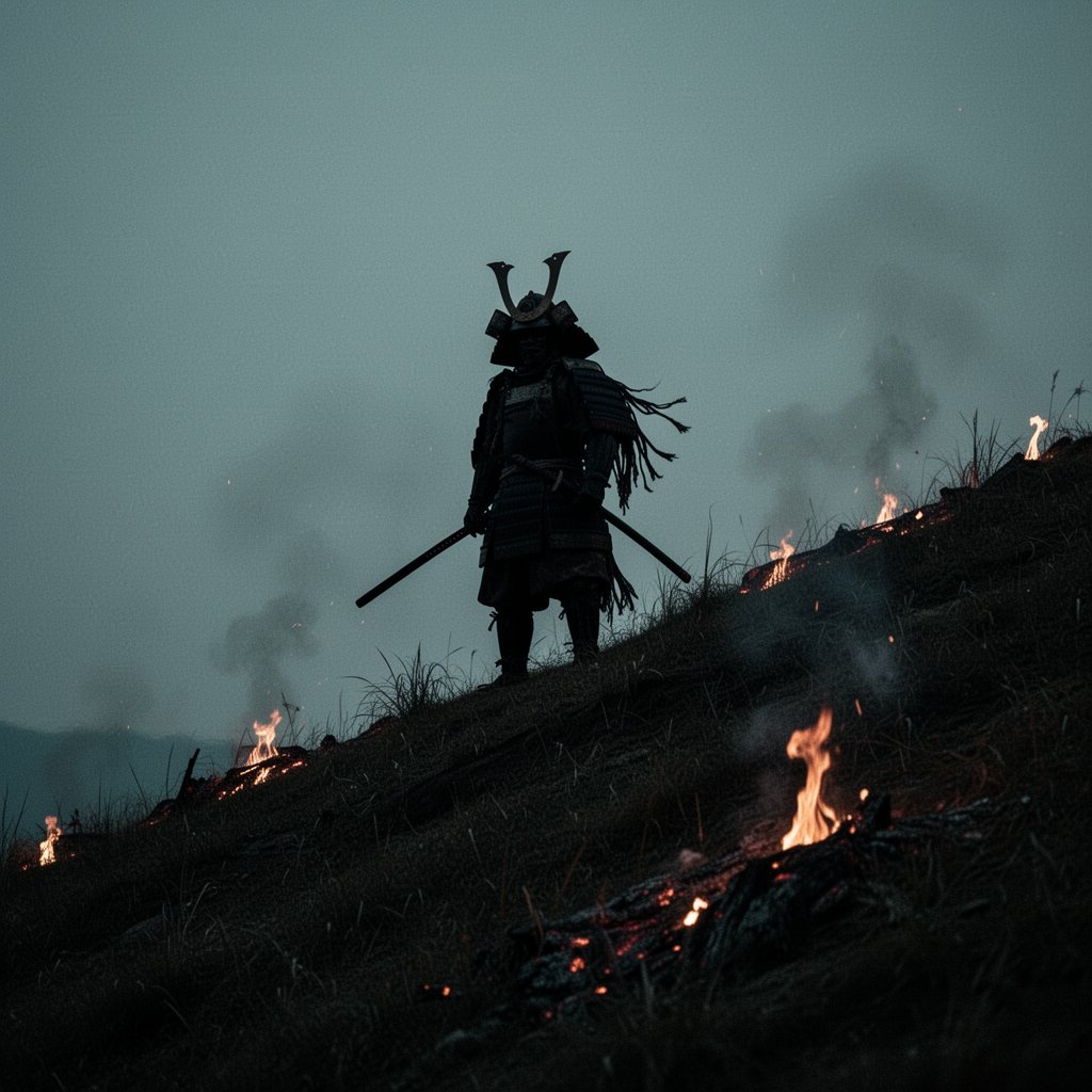 极简电影感宽景镜头：近全黑的暮色中，一名孤独的武士剪影矗立在陡峭长满青草的山脊顶端。武士呈现为纯黑色剪影，背景是阴郁的青灰天空，头戴华丽的带角兜盔，铠甲边缘破…
