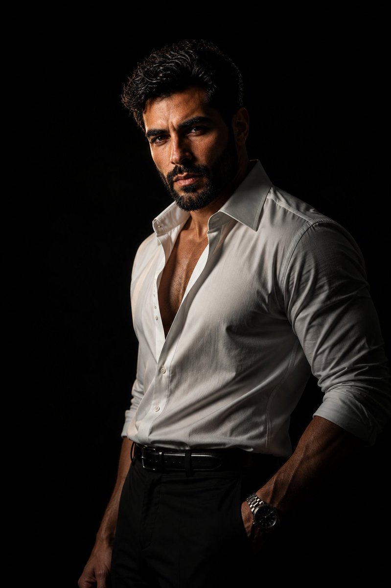 使用 GPT image 2 生成图像 提示词 👇 电影感、超写实的编辑风格人像肖像：一位英俊的成年男子，蓬松的深色波浪卷发，浓密修剪整齐的络腮胡，轮廓分明的…