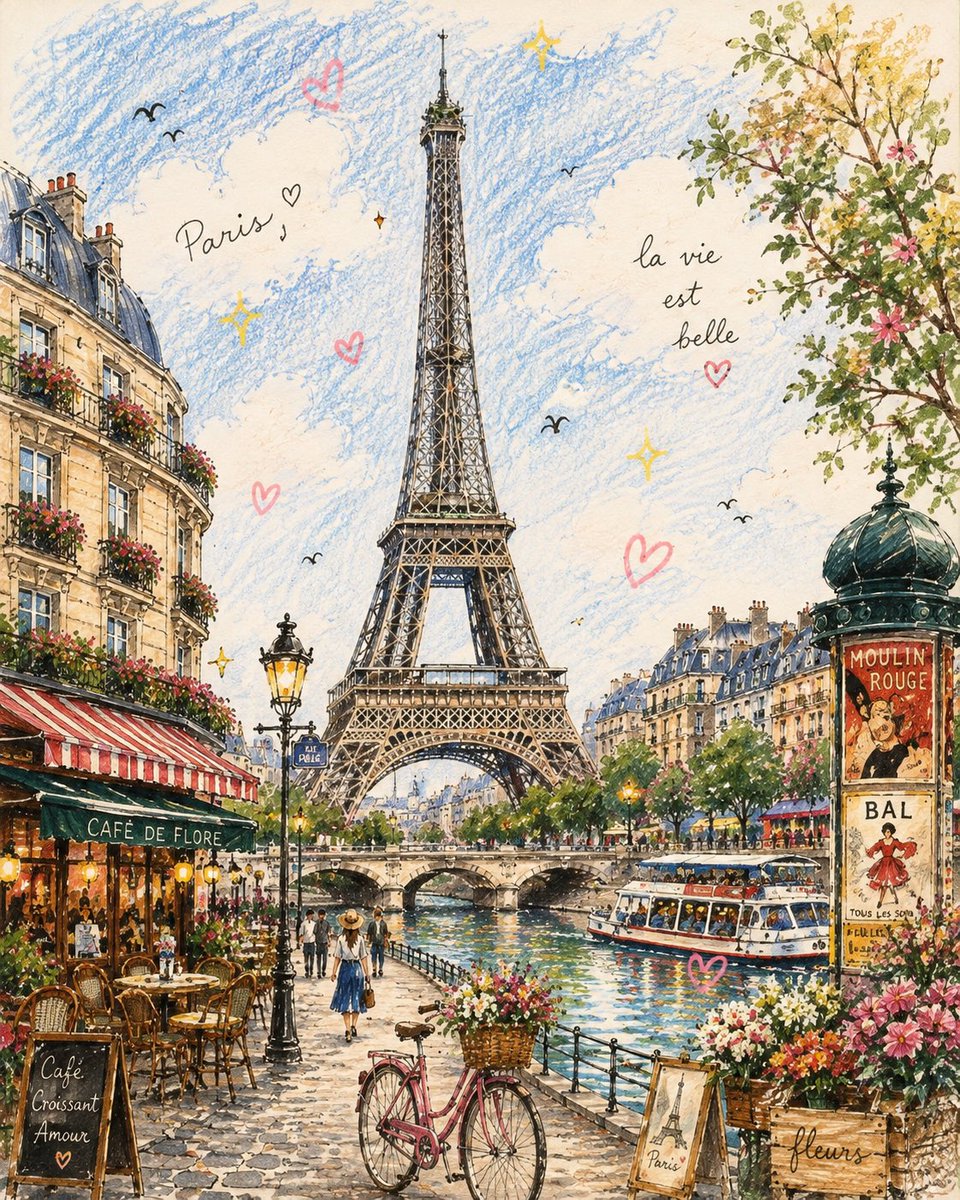 创作一幅迷人的手绘插画旅行场景，以 [ICONIC STRUCTURE]（标志性建筑）作为无可争议的主要视觉焦点，灵感来自一幅精美细腻的复古欧洲故事书明信片。保持建筑高度可辨，拥…