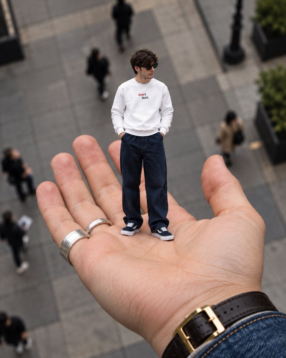 GPT Image 2 on ChatGPT 提示词 主体：一位年轻男子随意地坐在一只巨大人类手掌的手指上，营造出超现实的迷你小人幻觉。他有着卷曲的棕色头发、黑色太阳镜、淡淡的胡…