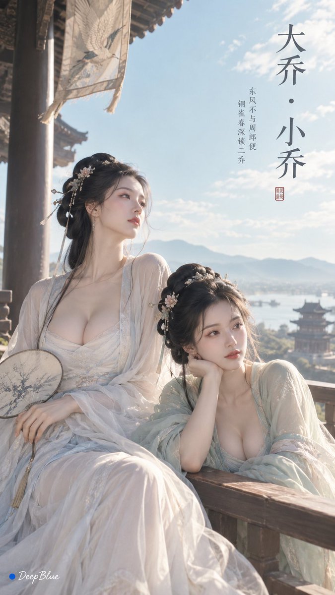 极简东方 × 宋式美学 × 古风 Editorial × 独立艺术封面 人物：大乔、小乔，古典美人意象，清雅柔美，温婉含蓄。 场景：铜雀台，盛夏晴日，古朴楼台…