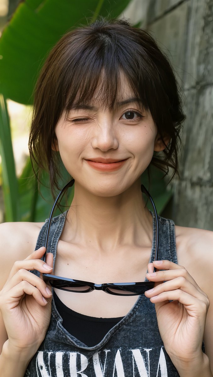 一位东亚年轻女性的近距离肖像,肤色白皙,笑容明亮俏皮,目光微微望向左侧。她留着齐肩的深棕色头发,带有轻盈的刘海,层次分明的发丝修饰着脸庞。她双手握着镜腿,将一副黑色方形墨镜举在胸…
