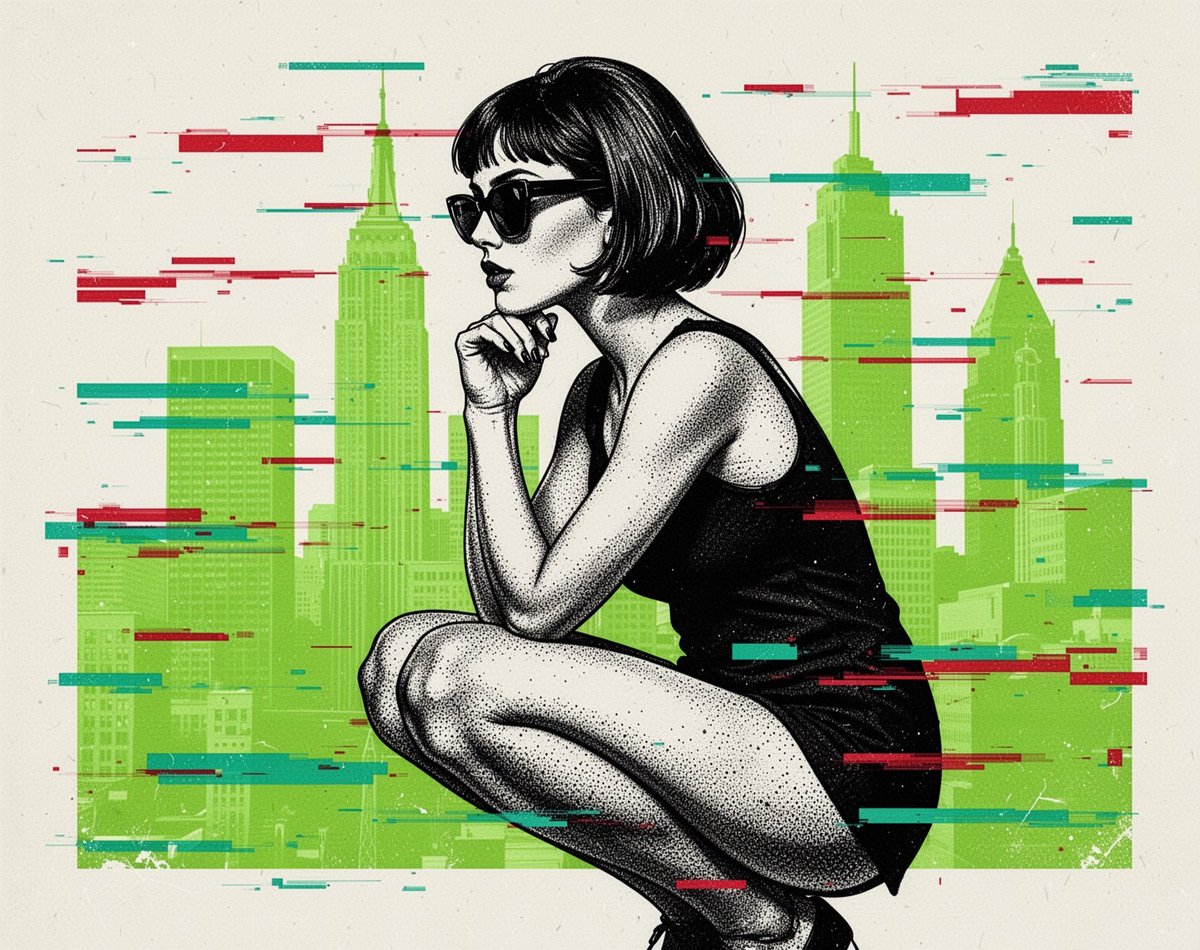 黑白半色调圆点纹理插画：一位时尚短发女性戴着太阳镜，侧身蹲坐，一只手靠近下巴，以密集的丝网印刷半色调圆点表现，背景为抽象通用摩天大楼剪影（无真实地标，原创几何…