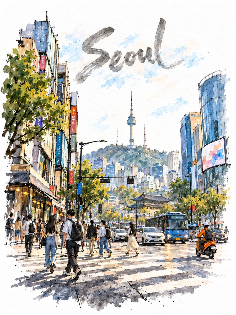 用水彩绘制一幅松散的城市速写,画的是{CITY}繁忙的十字路口,纵向 3:4,画在纯亮白色冷压水彩纸上,纸纹清晰可见。不要奶油色、米色、深褐色或复古色调。 标题:只在空旷的上方天…
