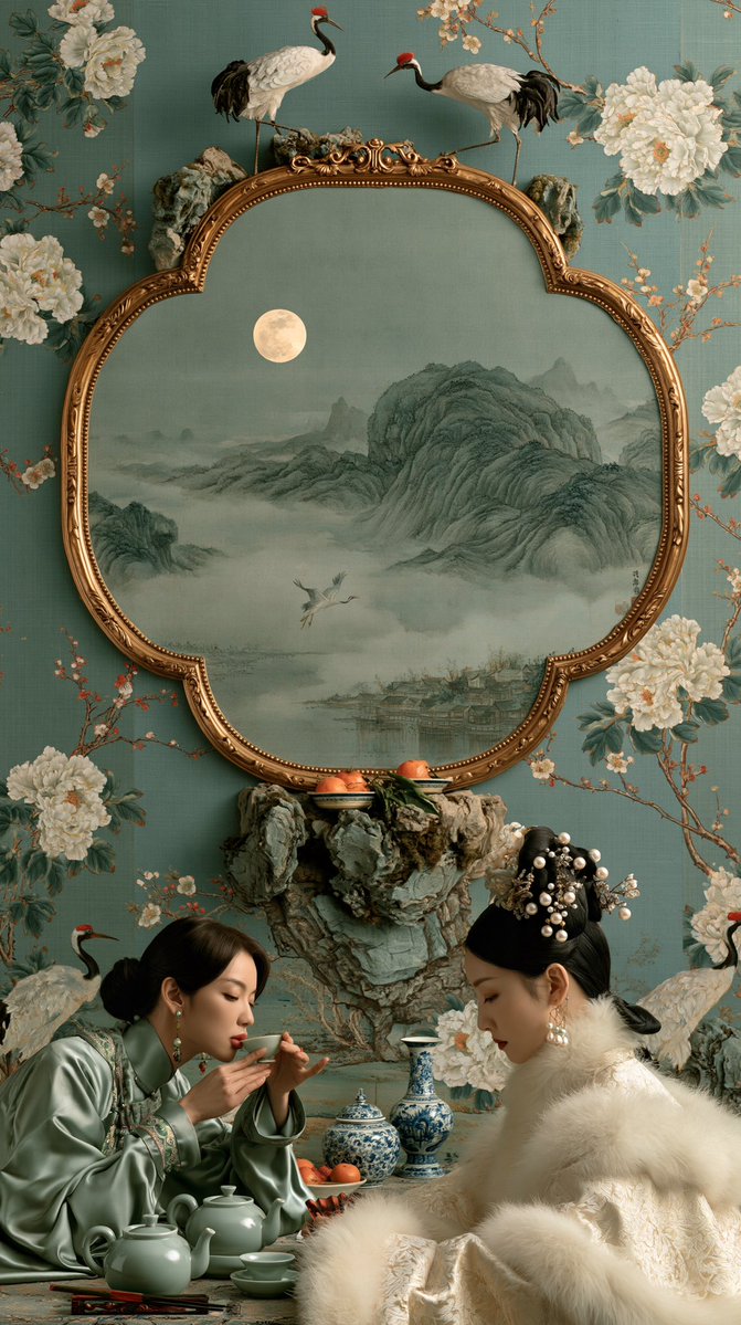 她们身后,一面古老的中华梦境壁纸缓缓展开——青蓝色的绢纸之上,白牡丹与梅枝向上穿插,织就层层叶冠;丹顶鹤涉水而过,在画中烟岚间盘旋回翔。壁面中央悬一枚荷叶边圆形开光,描金如月洞镜…