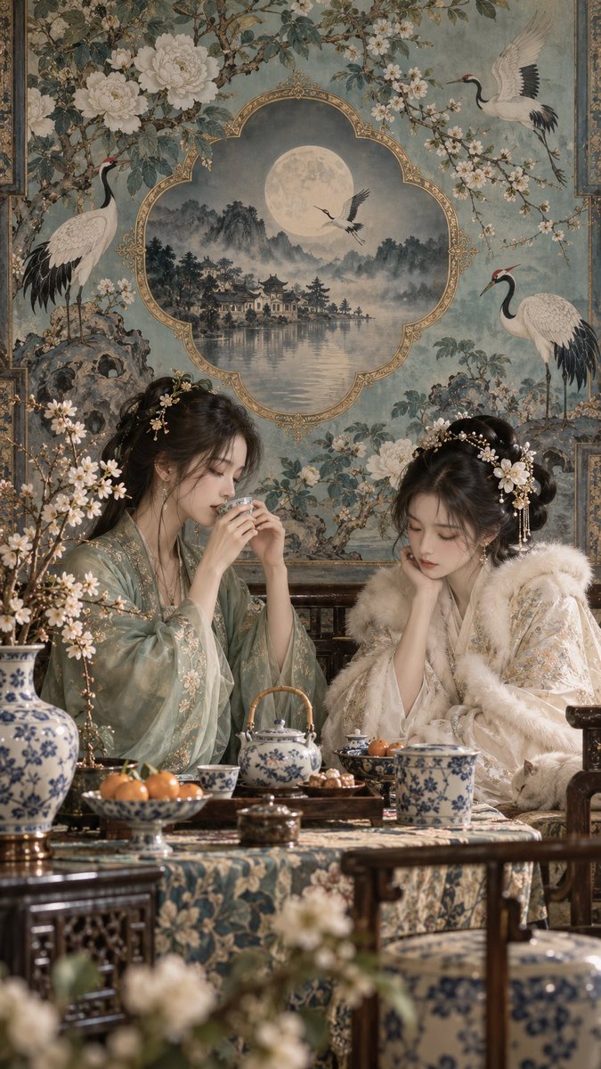 她们身后,一面古老的中华梦境壁纸缓缓展开——青蓝色的绢纸之上,白牡丹与梅枝向上穿插,织就层层叶冠;丹顶鹤涉水而过,在画中烟岚间盘旋回翔。壁面中央悬一枚荷叶边圆形开光,描金如月洞镜…