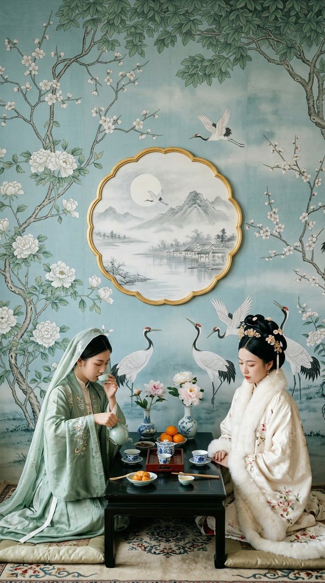 她们身后,一面古老的中华梦境壁纸缓缓展开——青蓝色的绢纸之上,白牡丹与梅枝向上穿插,织就层层叶冠;丹顶鹤涉水而过,在画中烟岚间盘旋回翔。壁面中央悬一枚荷叶边圆形开光,描金如月洞镜…