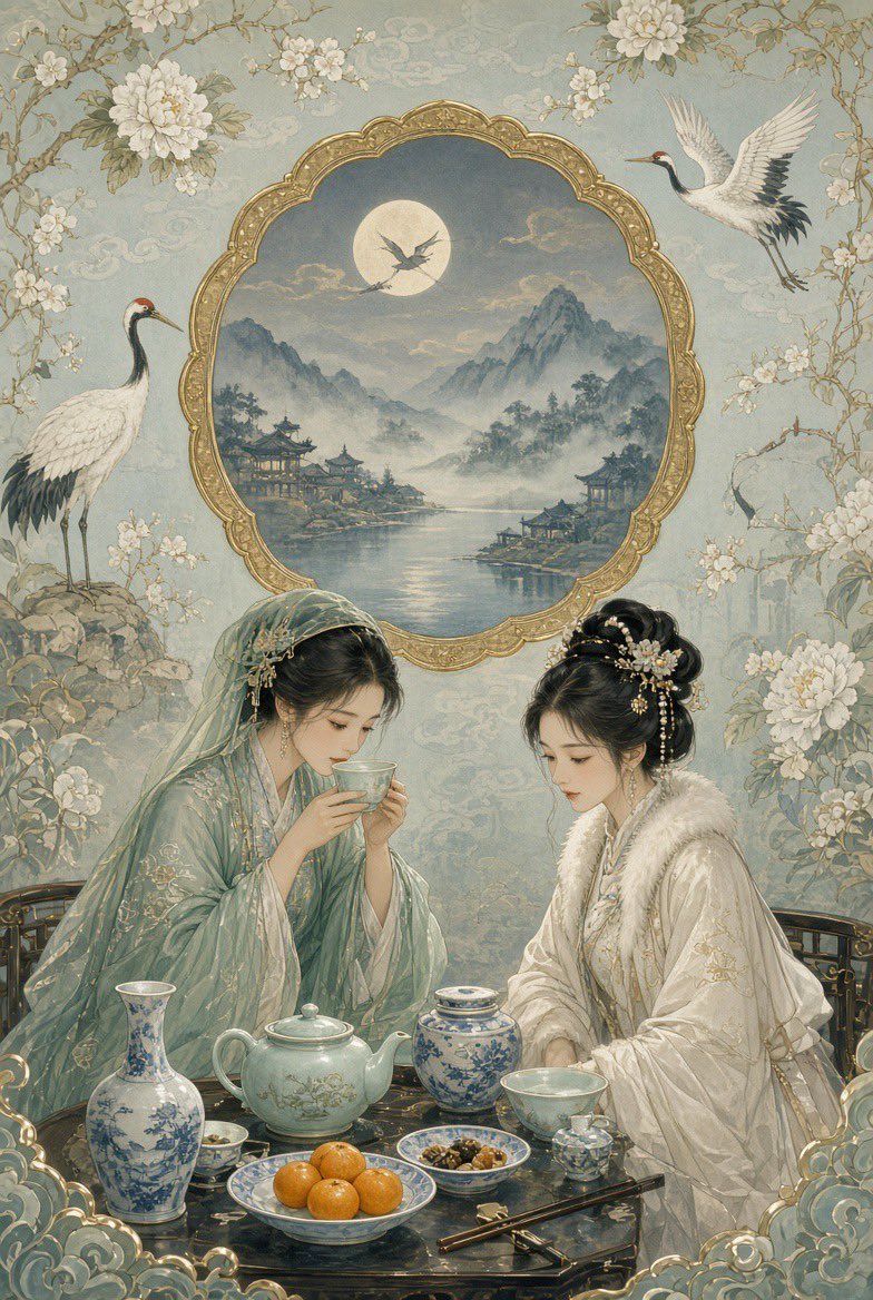 她们身后,一面古老的中华梦境壁纸缓缓展开——青蓝色的绢纸之上,白牡丹与梅枝向上穿插,织就层层叶冠;丹顶鹤涉水而过,在画中烟岚间盘旋回翔。壁面中央悬一枚荷叶边圆形开光,描金如月洞镜…