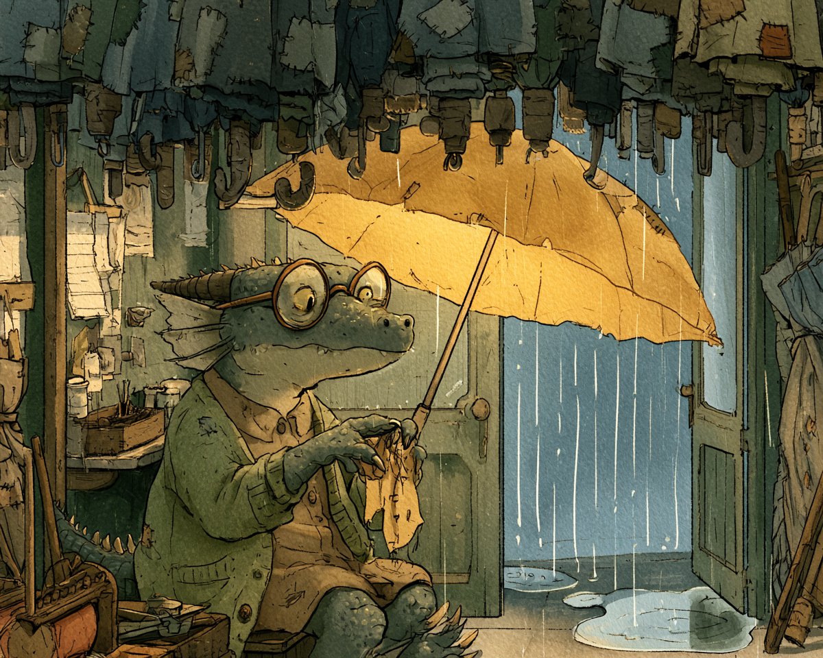 一条年迈的小龙在暴雨中狭窄的街坊小店里面修理雨伞,圆框眼镜,穿着一件旧旧的绿色羊毛开衫,纤细的爪子正在缝制一把黄色的雨伞,天花板上悬挂着几十把修补过的雨伞,敞…
