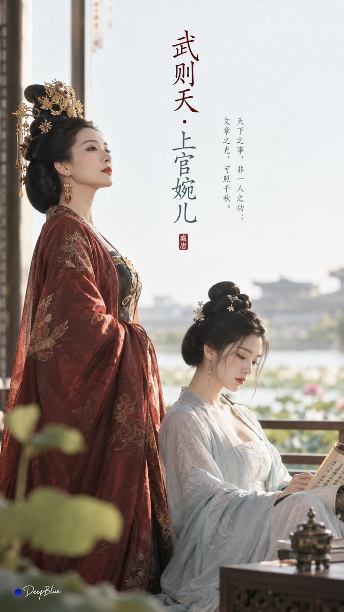 极简东方 × 盛唐美学 × 古风 Editorial × 独立艺术封面 人物：武则天、上官婉儿，盛唐女性意象，端庄、聪慧、从容，气质形成鲜明对照。 场景：与二…