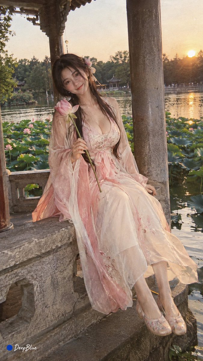 小红书素人穿搭实拍，东亚年轻女生穿粉白渐变汉服大袖衫，夸张身材，坐在湖边八角石亭栏杆上，背景是湖面荷花，夏日傍晚微风吹动裙摆，CCD相机拍摄，复古颗粒感，暖黄…
