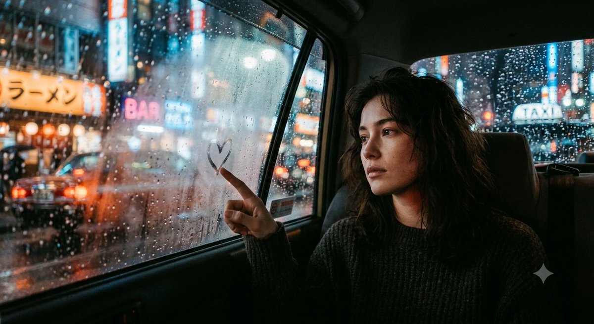 {"title": "电影感雨夜人像", "description": "一张情感充沛的电影感人像,拍摄于霓虹闪烁的城市雨夜,透过一扇布满雾气与雨水的车窗。美…