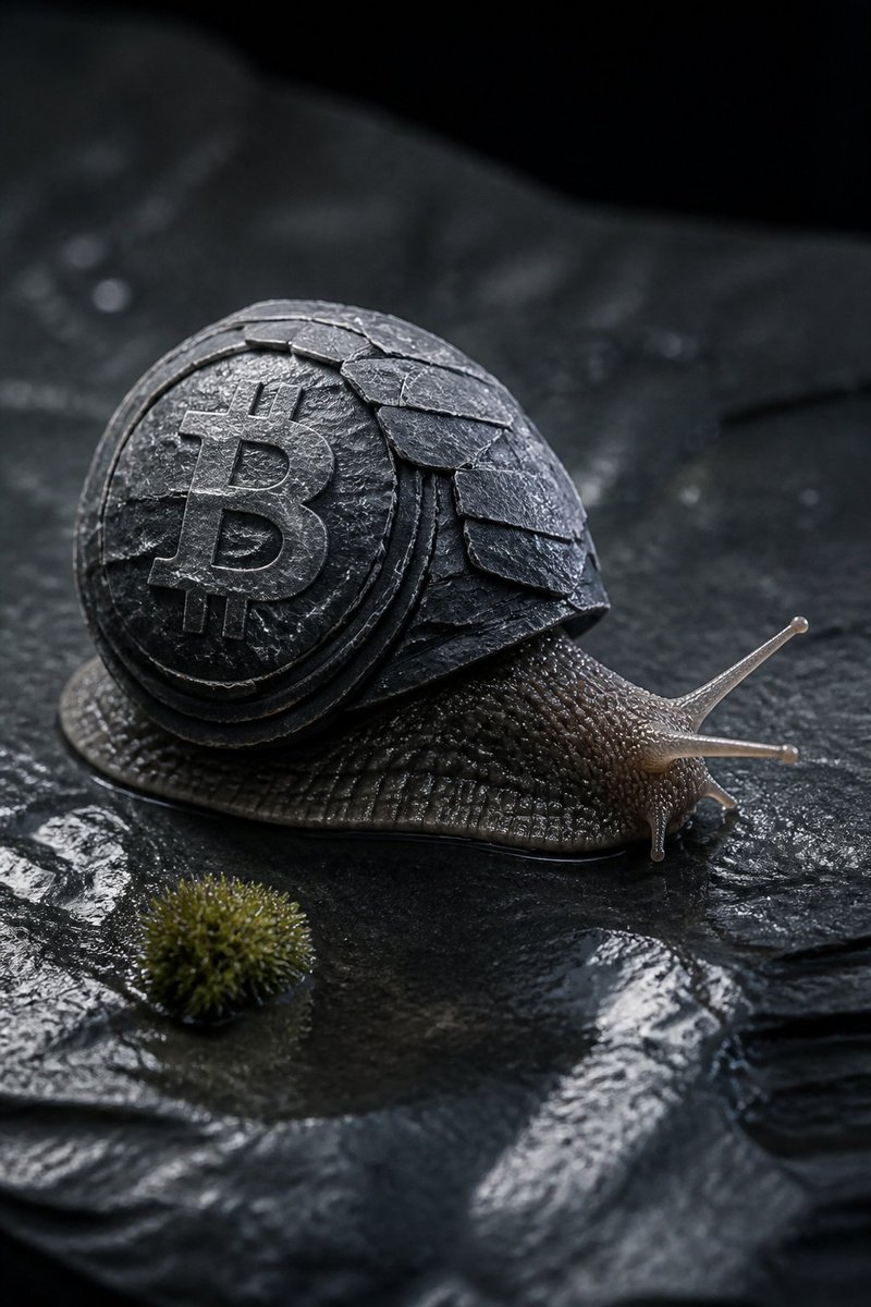 一幅照片写实风格的微距画面。一只拳头大小的蜗牛爬过潮湿的石板,它的壳由薄薄的石板层叠而成,壳上天然的灰色纹路恰好勾勒出一个清晰可辨的 BTC 标志。石板边缘挂…