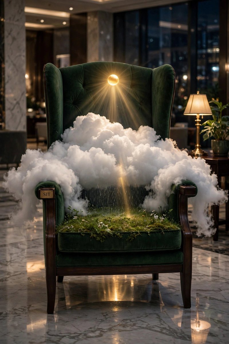 夜晚酒店大堂的照片级真实感画面。一把高背扶手椅上坐着小小的一片天气:一团浓密的白云,大到能从两侧扶手溢出;云的上方有一轮金色小太阳向下照耀,清晰的光束穿透云层;下方座位是一片绿色…