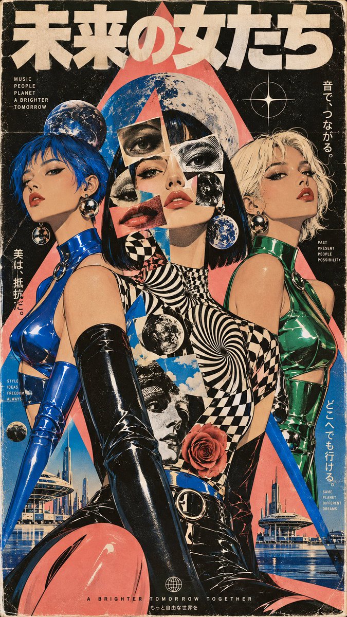 超现实主义 1970 年代迷幻拼贴肖像画,一位女性正面朝向观者,她的面部被分割成重叠的面具、眼睛、嘴唇和几何剪纸形状。她的服饰覆盖着相互冲突的视错觉图案,超现…