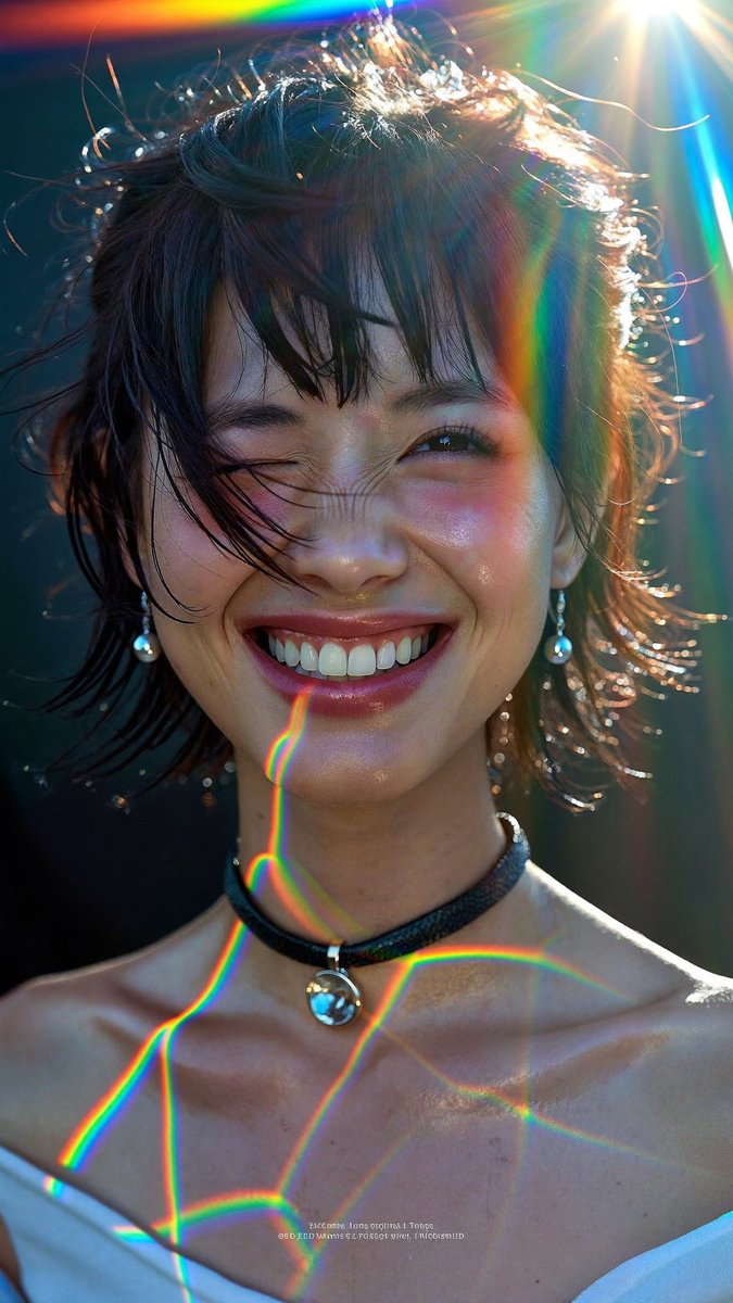 [Higgsfield Soul 2.0 提示词] ar 9:16 2K 一张年轻东亚女性的特写肖像：黑色短发凌乱，稀疏的刘海垂落遮住一只眼睛，眯眼咧嘴大笑露…