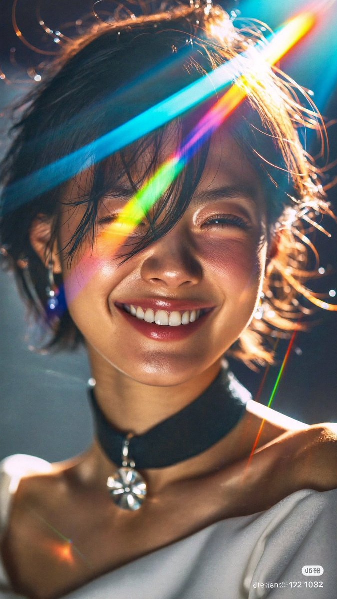 [Higgsfield Soul 2.0 提示词] ar 9:16 2K 一张年轻东亚女性的特写肖像：黑色短发凌乱，稀疏的刘海垂落遮住一只眼睛，眯眼咧嘴大笑露出牙齿，面颊、鼻尖和…