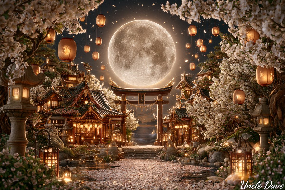 满月下的落樱神社，纸灯笼飘向天际，鸟居剪影，月光下的樱花。--ar 3:2 --profile pz8oy84 9nv6snq 2hwt1bg jk7jdw4…