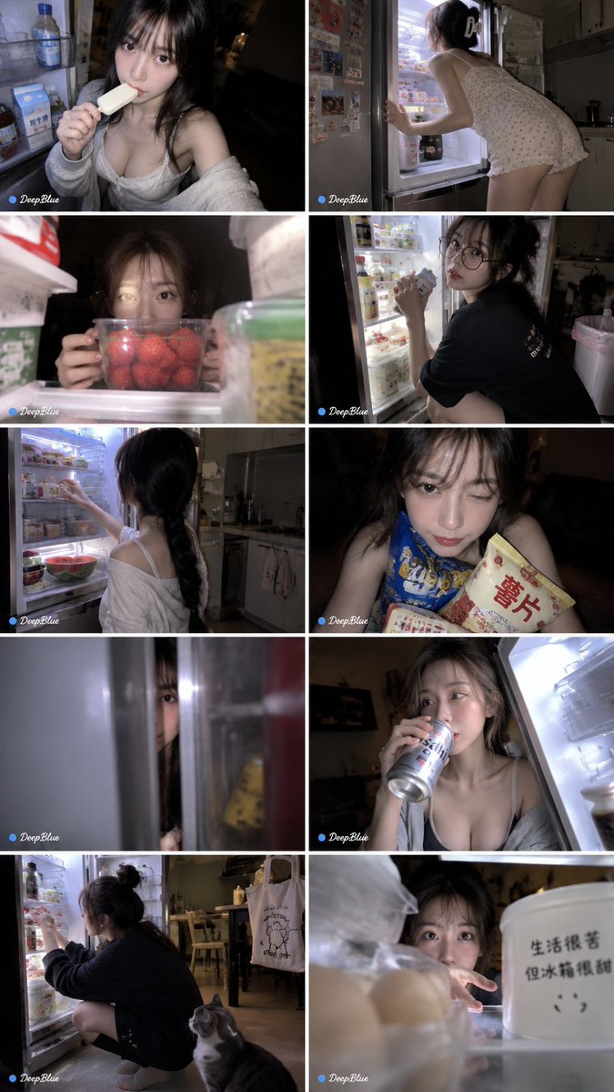 竖幅写实手机抓拍，深夜住宅厨房，成年女性打开冰箱寻找食物；整体像室友站在旁边突然拿手机拍下来的生活瞬间。 随机人物数量、随机站位、随机冰箱内容、随机动作、随机镜头；人物可能蹲着翻…