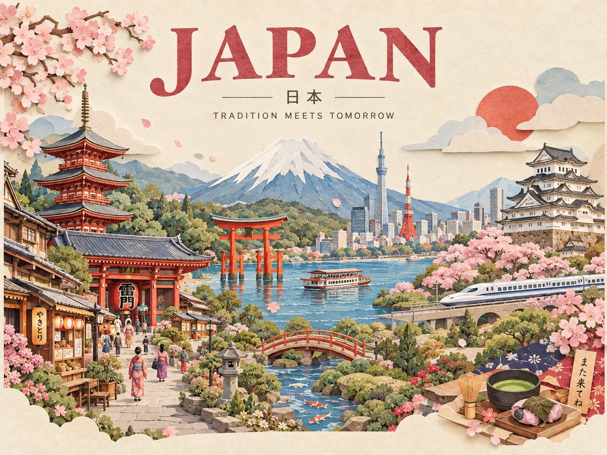 创作一张迷人的手工3D剪纸风格旅行海报，代表[目的地]。将整个场景构建为一个统一的分层纸质立体场景模型，拥有柔和的雕塑感纸质纹理、剪裁边缘、细腻的阴影、柔和的…