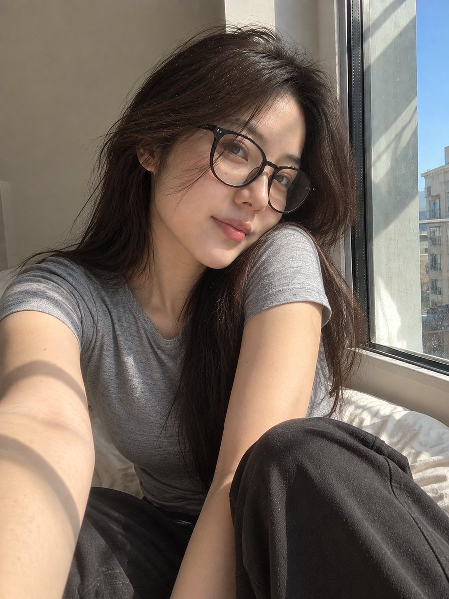 超写实风格的休闲智能手机自拍照：一位年轻东亚女性坐在安静房间内靠近阳光照射的窗户旁。保持与面部参考的高度相似性，包括柔和轮廓的鹅蛋脸、温和的下颌线、自然比例的鼻子、真实的唇形、均…