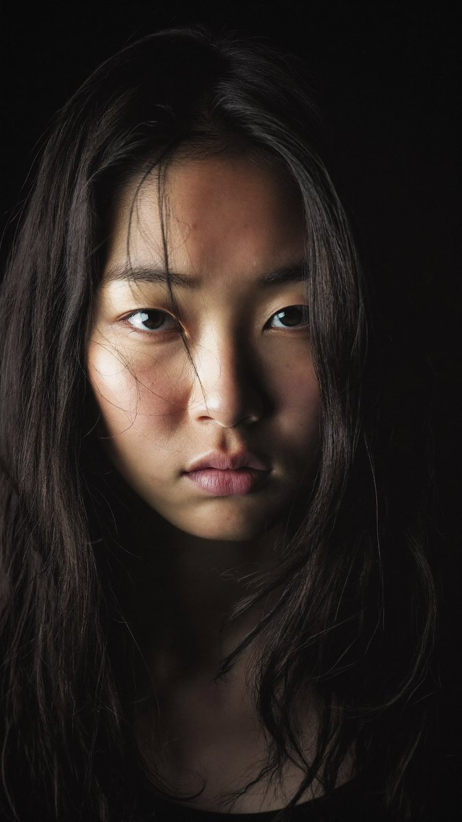 特写电影感人像：一位年轻的东亚女性，长长的略带凌乱的黑发披在肩上，几缕散发拂过脸庞。她直视镜头，表情平静、专注而略带忧郁。左侧柔和而戏剧性的侧光照亮她半边脸庞，另一半则陷入深重的…