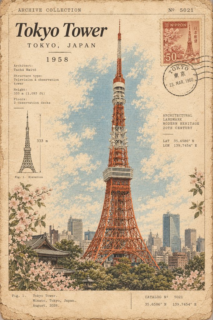 为[ICONIC STRUCTURE]（标志性建筑）制作一张古建筑标本卡，将该建筑视为具有历史重要性的建筑文物。以精细的手工雕刻插图展示建筑全貌，周围环绕着精致的植物装饰边框和富…