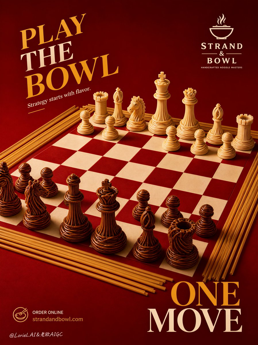 廉价餐厅传单,杂乱的棋盘,凌乱的面条碎屑,薄弱的国际象棋剪影,难以辨认的标志,浑浊的红色背景,过多道具,卡通食物,扁平光照,低端外卖设计,混乱的排版,扭曲的棋…