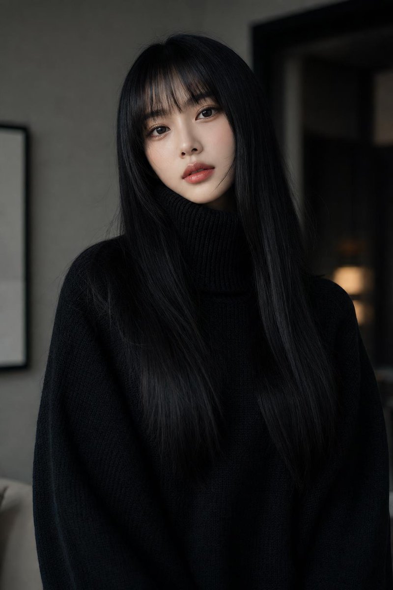 超写实高级时尚人像肖像画，一位精致的年轻女性，纵向 9:16 比例。她拥有极其修长、顺滑、丝般乌黑亮泽的头发，自然散发微妙光泽，完美平直的厚刘海勾勒额头，光滑…