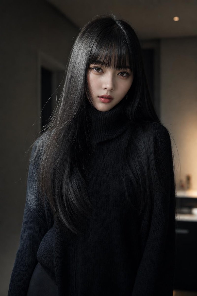 超写实高级时尚人像肖像画,一位精致的年轻女性,纵向 9:16 比例。她拥有极其修长、顺滑、丝般乌黑亮泽的头发,自然散发微妙光泽,完美平直的厚刘海勾勒额头,光滑的发丝如瀑布般垂落于…