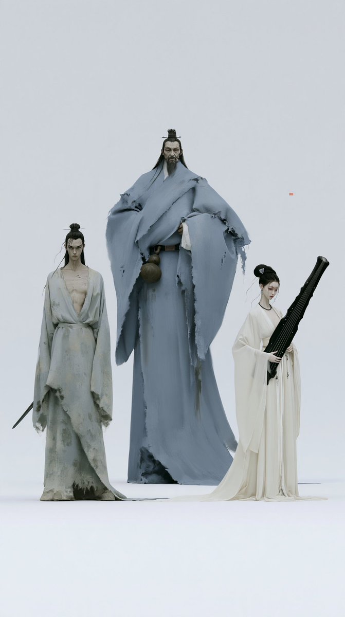 纯白无缝背景,棚拍角色参考表风格,三个全身角色分开站立,真实的中国唐代背景,东亚面部特征,符合历史,绝对不出现现代元素,无道具,无背景景物,干净独立的角色形象,柔和均匀的棚拍打光…