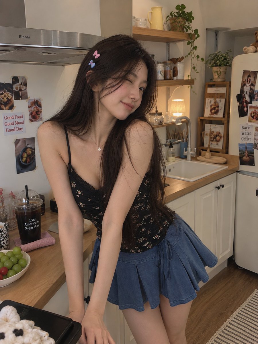 一张高质量的抓拍风格生活人像照,一位年轻女性站在温馨的现代厨房中,身穿黑色碎花细肩带吊带背心和蓝色百褶裙。她有着长而笔直的深棕色头发,别着几枚小巧的彩色发夹,轻柔地将一缕头发拨到…