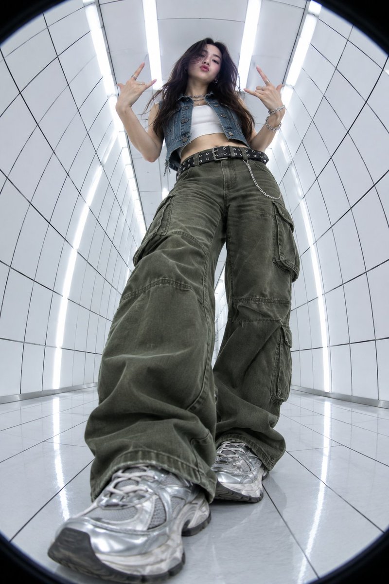 极端低角度鱼眼镜头拍摄的年轻女性照片，她有一头深色长发，做出摇滚手势。她身穿Y2K街头风格服装：白色上衣外搭短款牛仔背心，宽松橄榄绿色工装裤，铆钉腰带，厚底金…