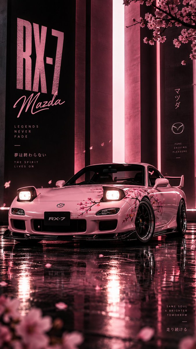 创作一张高端电影级汽车工作室海报，主体为一辆粉色 Mazda RX-7 FD，采用低位前 3/4 视角。车身采用纯净光亮的柔和粉彩色，姿态激进低趴，配备黑色前…